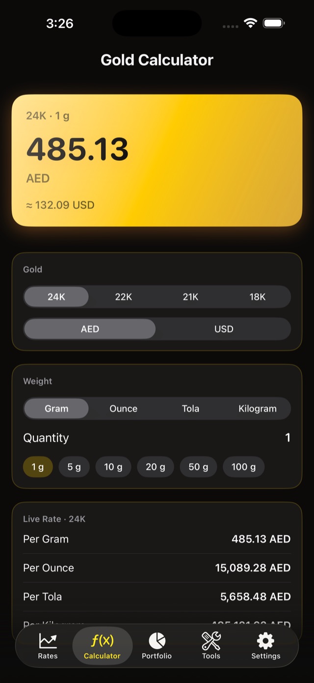 UAE gold calculator by karat, weight and currency